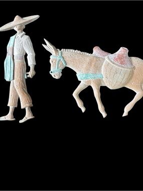 Source Unknown Pale Brown and Mint Green Donkey and Farmer Wall Sculpture